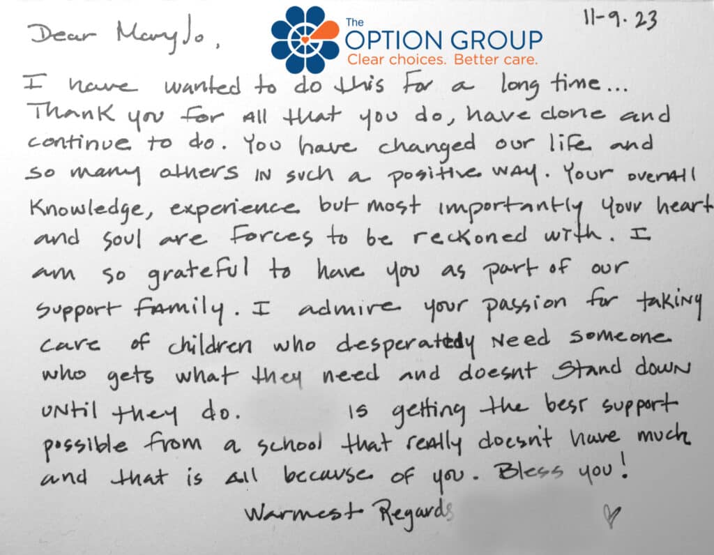 Handwritten testimonial to Mary Jo from client with child in need