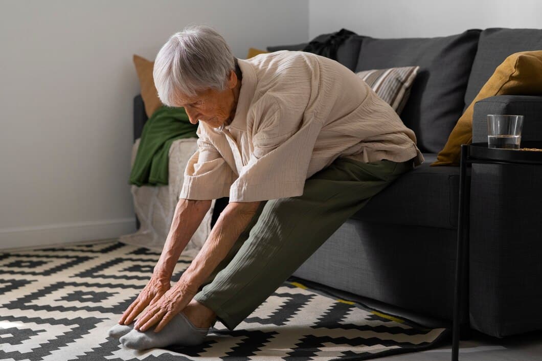 older woman stretching to touch her toes
